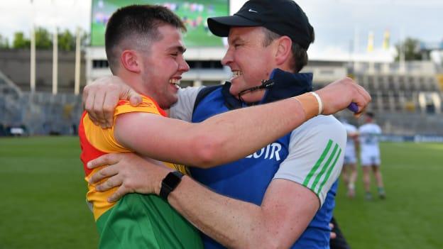 Niall Bolger of Carlow and Carlow manager Tom Mullally celebrate after their side's victory in the Joe McDonagh Cup Final match between Carlow and Offaly at Croke Park in Dublin. Photo by Tyler Miller/Sportsfile.