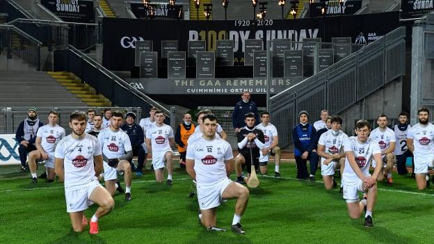 Kildare hurlers kneel during Bloody Sunday commemorations at Croke Park last November, but are ready to stand tall now. 