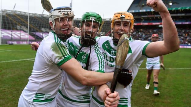 TJ Reid, Joey Holden, and Richie Reid celebrate after Ballyhale Shamrocks' AIB GAA Hurling All-Ireland Senior Club Championship Final win. Photo by Daire Brennan/Sportsfile