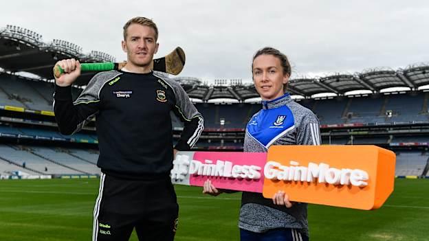 Noel McGrath of Tipperary, left, and Sharon Courtney of Monaghan in attendance during the launch of the Drink Less, Gain More campaign, and GAA/HSE Health Theme Day, at Croke Park in Dublin.