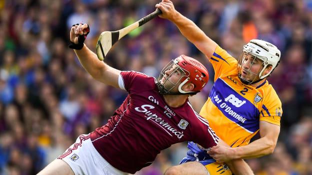 Clare's Patrick O'Connor challenges for the ball with Galway's Jonathan Glynn in last Saturday's All-Ireland SHC semi-final. 
