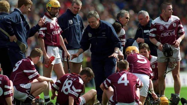 Pat Nally speaks to the Athenry players before the start of extra-time.