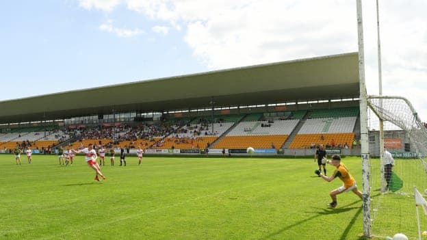 Matthew Downey's winning penalty is powered into the roof of the Arden Road end goal at Bord na Móna O'Connor Park. 