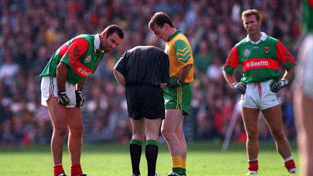 Referee Pat McEnaney sends off Mayo's Liam McHale and Meath's Colm Coyle after altercations between Meath and Mayo footballers during the Meath v Mayo 1996 All-Ireland Football Final replay