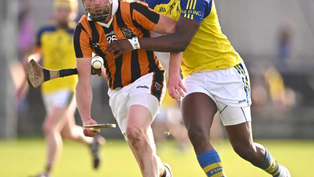 Zane Keenan, Camross, and Lawson Obular, Abbeyleix St Lazarian's, in action during the Laois SHC Final at Laois Hire O'Moore Park. Photo by Ben McShane/Sportsfile