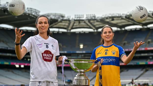 In attendance at the 2023 TG4 All-Ireland Ladies Football Championship Finals Captains Day are Grace Clifford of Kildare, left, and Caoimhe Harvey of Clare at Croke Park in Dublin. Photo by Sam Barnes/Sportsfile