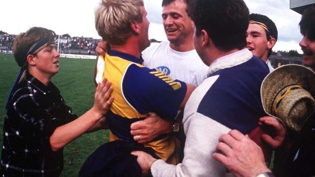 John Maughan, Clare Manager celebrates with Clare player Frankie Griffin after victory over Kerry, Kerry v Clare, Munster Football Championship Final, Gaelic Grounds. 