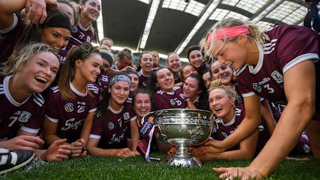 The Galway team celebrate with the O'Duffy Cup following the Liberty Insurance All-Ireland Senior Camogie Championship Final match between Galway and Kilkenny at Croke Park in Dublin. 