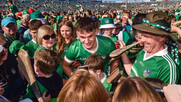 Cathal O'Neill surrounded by Limerick supporters following the 2023 Munster SHC Final. Photo by Daire Brennan/Sportsfile