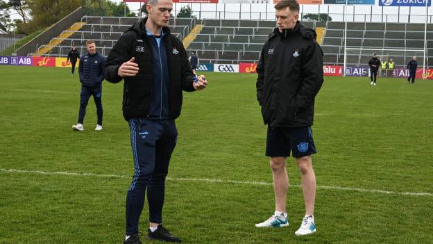 Tom Lahiff of Dublin and his midfield partner Brian Fenton walk the pitch before the Leinster GAA Football Senior Championship Quarter-Final match between Wexford and Dublin at Chadwicks Wexford Park in Wexford. 