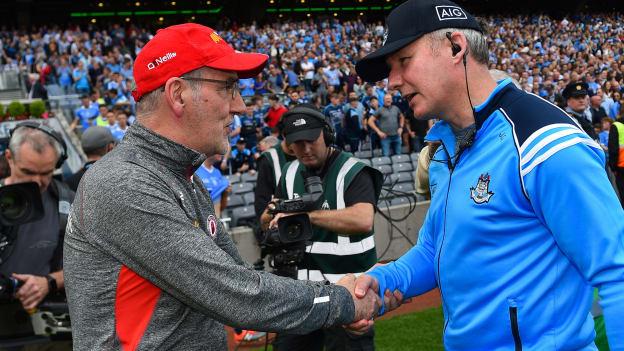 Mickey Harte and Jim Gavin following the 2017 All Ireland SFC Semi-Final at Croke Park.