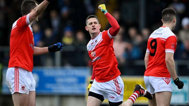 Emmett Kelly of Pádraig Pearses celebrates scoring a point during the AIB Connacht GAA Football Senior Club Championship Final match between Knockmore and Pádraig Pearses. 
