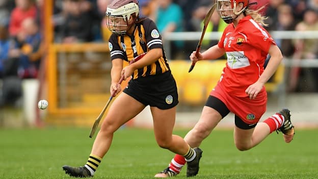 Jenny Clifford, Kilkenny, and Leanne O'Sullivan, Cork, during the Littlewoods Camogie League Final at Nowlan Park in April.