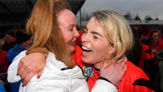 Ursula Jacob of Oulart the Ballagh celebrates with a supporter after the 2020 AIB All-Ireland Senior Club Camogie Championship Final match between Sarsfields and Oulart the Ballagh at UMPC Nowlan Park, Kilkenny.