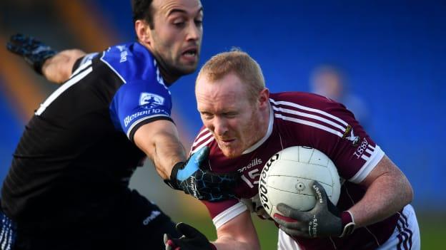Cian Mackey, St Columba's Mullinalaghta, and Anthony McLoughlin, Blessington, during the AIB Leinster GAA Football Senior Club Championship first round encounter at Glennon Brothers Pearse Park. 