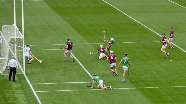 Aaron Gillane doubles the ball to the Galway net in the 2023 All-Ireland SHC semi-final. 