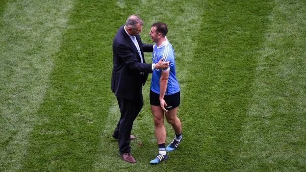 Cormac Costello of Dublin is congratulated by his father John Costello after the 2018 GAA Football All-Ireland Senior Championship Final match between Dublin and Tyrone at Croke Park in Dublin. Photo by Daire Brennan/Sportsfile