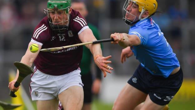 Cianan Fahy, Galway, and Daire Gray, Dublin, in Leinster Senior Hurling Championship action.