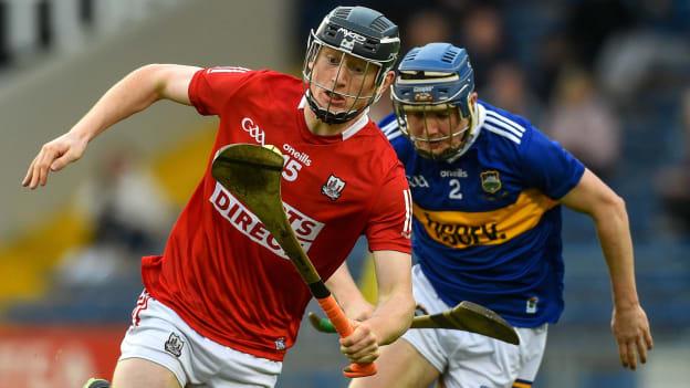 Jack Cahalane, Cork, and Conor Cadell, Tipperary, in oneills.com Munster U20 Hurling Championship semi-final action.
