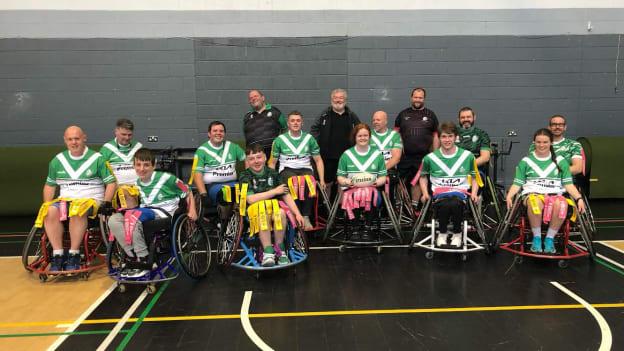 Melanie Griffith, centre, was part of the Irish international team that competed in the Wheelchair Rugby League Celtic Cup in June. 