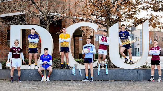 In attendance are from left, Kieran Molloy of NUIG, Rory O’Connor of DCU Dóchas Éireann, Tim O’Mahoney of Mary Immaculate College, Brendan McCaul of DCU Dóchas Éireann, Ray Connellan of UCD, Paul Hoban of NUIG, Riain McBride of DCU Dóchas Éireann and Liam Rafferty of St Mary’s, with the Fitzgibbon Cup and Sigerson Cup during the Electric Ireland Higher Education GAA Championships Launch and Draw at DCU, Dublin. 