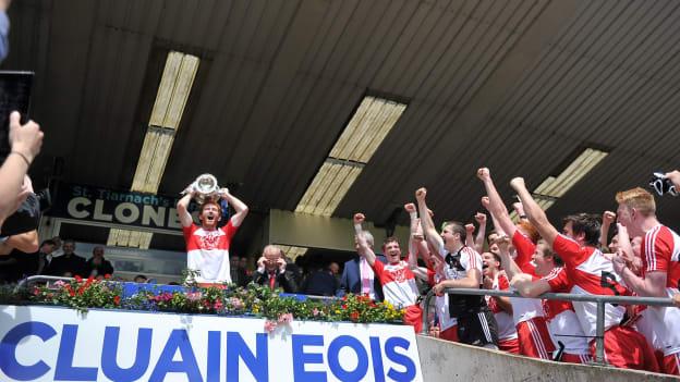 Conor Glass lifts the Fr. Larry Murray Cup for Derry after victory over Cavan in the 2015 Ulster Minor Football Final. 