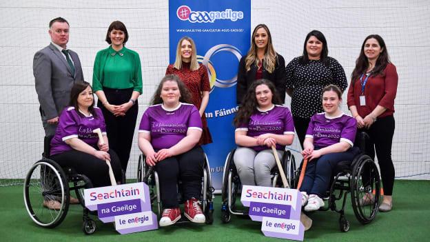 As part of Seachtain na Gaeilge le Energia the GAA celebrated International Women’s Day 2020 with Conradh na Gaeilge in Croke Park. Pictured are, back from left, Jamie Ó Tuama, Oifigeach Forbartha Gaeilge CLG, Gráinne McElwain, TG4, Máire Treasa Ní Dhubhghaill, Spórt TG4, Eimear Considine, Imreoir Rugbaí le Foireann na hÉireann,Orla Nic Ghearailt, Bainisteoir, Sheachtain na Gaeilge and Gearóidín Ní Thaibhís, An tOifigeach Náisiúnta Éagsúlachta agus Rannpháirtíochta CLG, with, front, from left, are wheelchair camogie players, Caroline O'Halloran, from Ennis in Clare, Edel Morrissey, from Cooraclare in Clare, Ellie Sheehy from Limerick and Sarah Cregg, from Roscommon. 