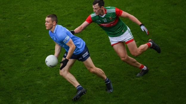 Con O'Callaghan, Dublin, and Diarmuid O'Connor, Mayo, in action during the 2021 All-Ireland SFC Semi-Final at Croke Park. Photo by Stephen McCarthy/Sportsfile