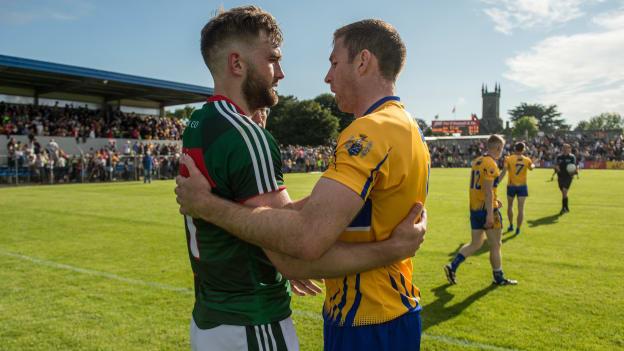 Aidan O Shea, Mayo, and Gary Brennan, Clare following the 2017 Round 3A All Ireland Qualifier at Cusack Park.