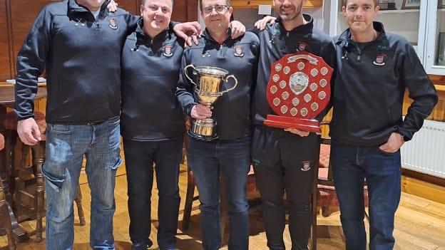 Ballina Stephenites hurling team management, left to right, Brendan Farrell, Gary Barrett, Noel Burke, Jamie Rooney, and Patrick O'Boyle, celebrate their chamionship and league double. 
