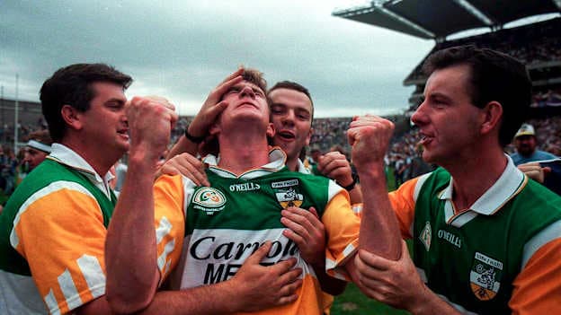Offaly footballer Colm Quinn celebrates after victory over Meath in the 1997 Leinster SFC Final. 
