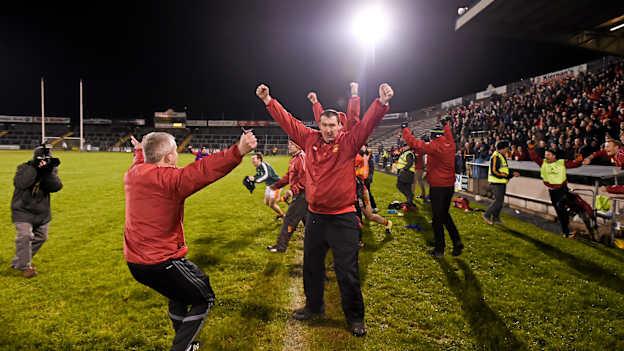 Castlebar Mitchels joint manager Declan O Reilly and his backroom team celebrate their victory at the final whistle.