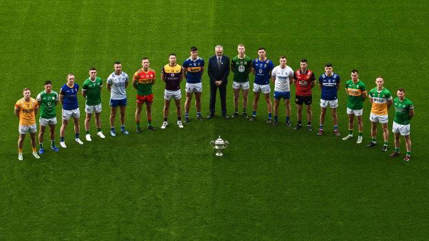 Uachtarán Chumann Lúthchleas Gael Larry McCarthy, centre, with players, from left, Peter Healy of Antrim, Chris Farley of London, Paddy Fox of Longford, Paul Maher of Limerick, Raymond Galligan of Cavan, Darragh Foley of Carlow, Eoghan Nolan of Wexford, Stephen O’Brien of Tipperary, Matthew Costello of Meath, Padraig O’Toole of Wicklow, Dermot Ryan of Waterford, Niall McParland of Down, Mark Barry of Laois, Paddy Maguire of Leitrim, Declan Hogan of Offaly, Declan McCusker of Fermanagh, during the Tailteann Cup launch at Croke Park in Dublin. Photo by David Fitzgerald/Sportsfile