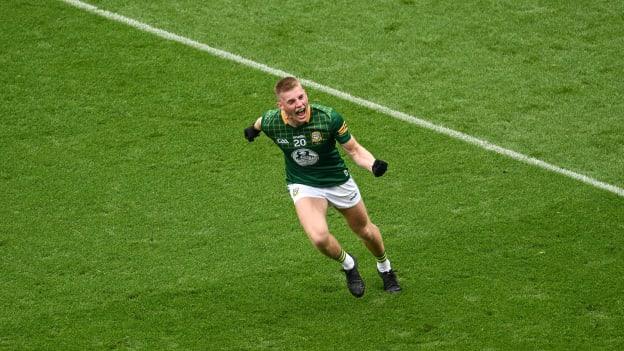 Jack Flynn of Meath celebrates after scoring a second half point during the Tailteann Cup Final match between Down and Meath at Croke Park in Dublin. Photo by Daire Brennan/Sportsfile.