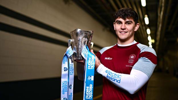 University of Galway footballer Tommy Conroy poses for a portrait with the Sigerson Cup before the draw for the Electric Ireland GAA Higher Education Championships at Croke Park in Dublin. Photo by Piaras Ó Mídheach/Sportsfile.