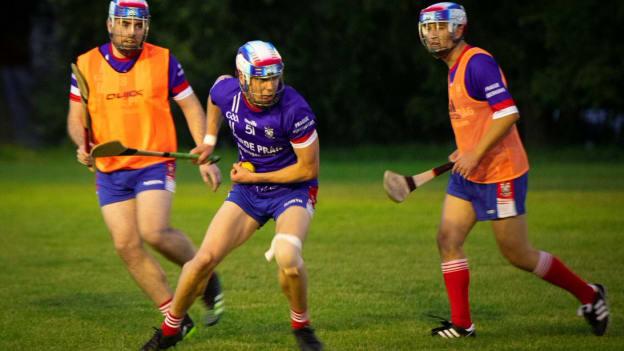 Action from a Prague Hibernians hurling training session. 
