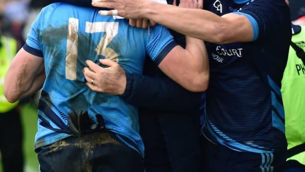 Westport coach Shane Conway, centre, celebrates at the final whistle of the Mayo County Senior Football Championship Final match between Ballina Stephenites and Westport at Hastings Insurance MacHale Park in Castlebar, Mayo.