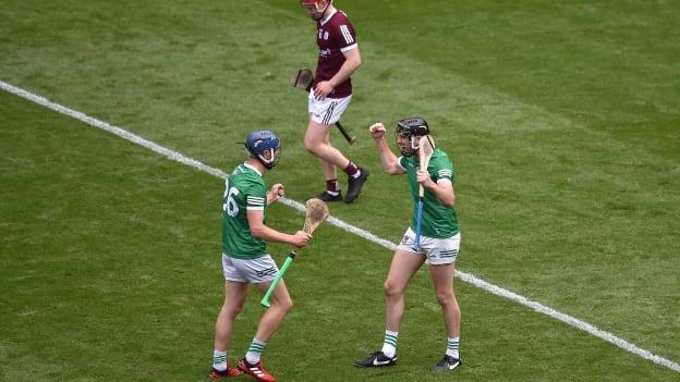 Limerick's David Reidy and Declan Hannon celebrate at Croke Park.