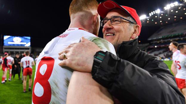 Cathal McShane and Mickey Harte following Tyrone's Allianz Football League win over Dublin at Croke Park.