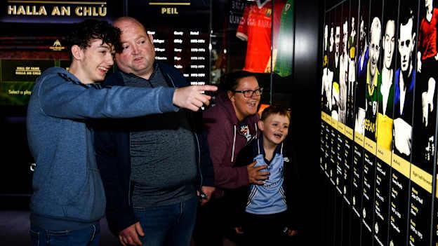 The Davis family, from left, Dylan aged 17, Gary, Tara and Ethan, aged 7, from Kinnegad in Westmeath enjoy the the reopened GAA Museum at Croke Park. 