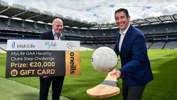 Uachtarán Chumann Lúthchleas Gael John Horan and Irish Life CEO Declan Bulger in attendance during the launch of the MyLife GAA Healthy Clubs Steps Challenge at Croke Park in Dublin.
