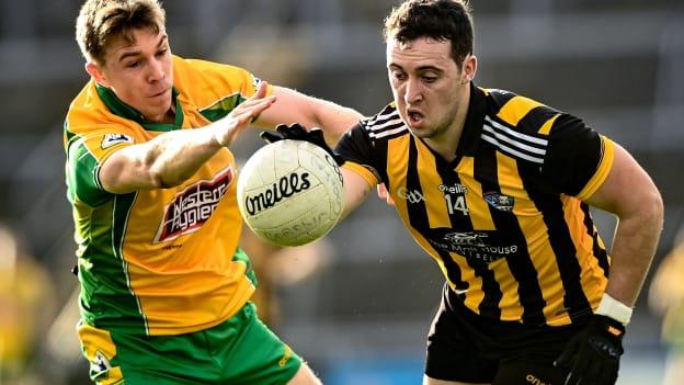 Eoin Finnerty, Mountbellew-Moylough, and Dylan McHugh, Corofin, during the Galway SFC Final at Pearse Stadium.