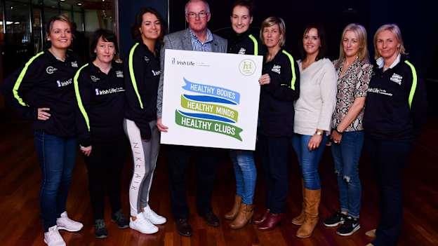 Attendees, from left, Claire Campbell, Anne Harte, Marie Clancy, James McGoldrick, Emma Kiernan, Brid McGoldrick, Rachael Quinn, Sandra Conlon and Ivonne Ni Tohill during the GAA National Healthy Club Conference at Croke Park Stadium, in Dublin.