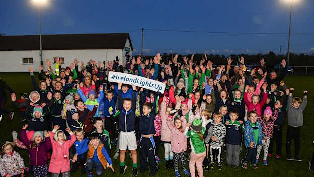 Attendees including Uachtarán Chumann Lúthchleas Gael John Horan and Karly Henry, Operation Transformation, at the launch of Ireland Lights Up with the GAA in partnership with RTÉ’s Operation Transformation and Get Ireland Walking at Ballyboughal GAA Healthy Club in Dublin.