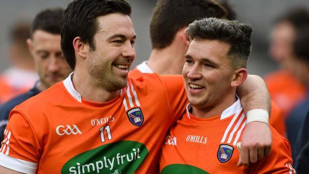 Aidan Forker and Ryan McShane following the Allianz Football League Division Three Final win over Fermanagh at Croke Park.