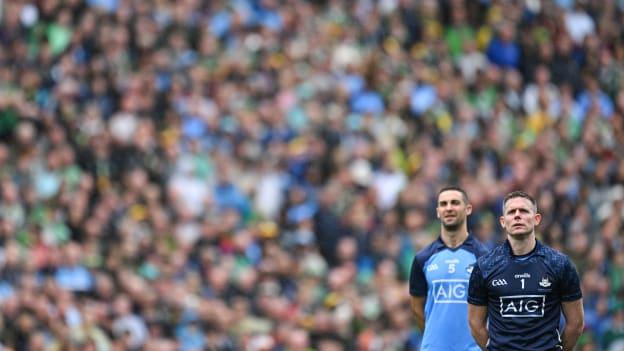 Stephen Cluxton, right and James McCarthy of Dublin stand for Amhrán na bhFiann before the GAA Football All-Ireland Senior Championship final match between Dublin and Kerry at Croke Park in Dublin. Photo by Brendan Moran/Sportsfile