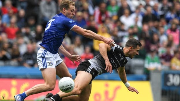 Niall Murphy of Sligo in action against Padraig Faulkner of Cavan during the Tailteann Cup Semi-Final match between Sligo and Cavan at Croke Park in Dublin. 
