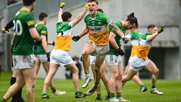 Jack McEvoy celebrates at the final whistle after his side's victory in the Leinster championship quarter-final between Offaly and Meath at Glenisk O'Connor Park in Tullamore, Offaly. 