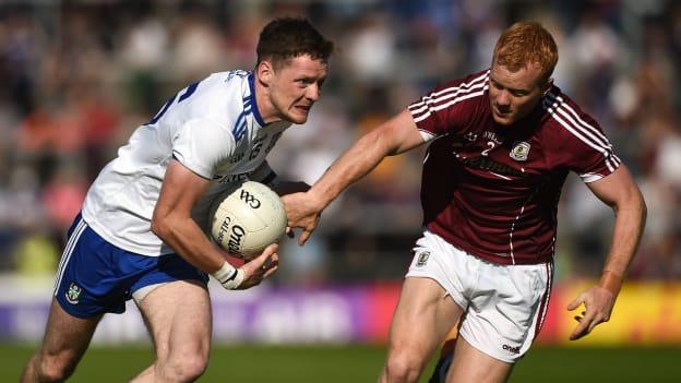 Conor McManus, Monaghan, and Declan Kyne, during the All Ireland SFC Quarter-Final Group 1 clash at Pearse Stadium.