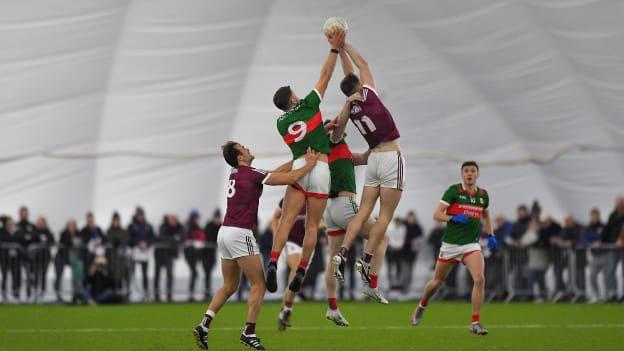 Jordan Flynn and Mattie Ruane, Mayo, and Matthew Tierney and John Maher, Galway, in Connacht FBD League action.